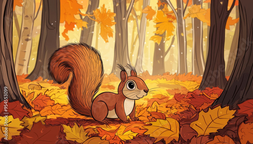 A cute cartoon squirrel sits among colorful autumn leaves in a serene forest setting.