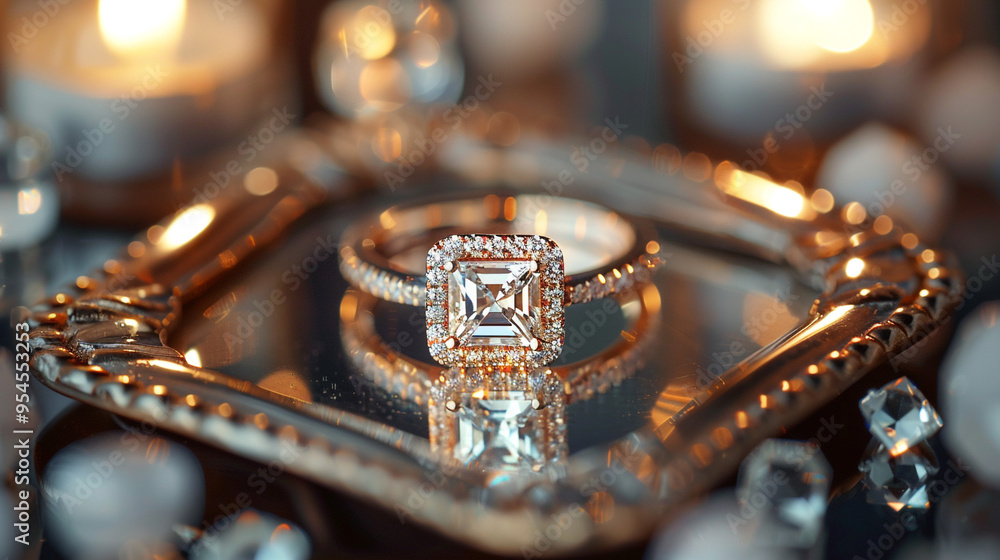A flat lay of a modern engagement ring with a square-cut diamond, elegantly displayed on a mirrored tray, surrounded by soft candlelight and a few scattered crystals. A flat lay of a modern engagement ring with a square-cut diamond, elegantly displayed on a mirrored tray, surrounded by soft candlelight and a few scattered crystals.