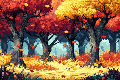 A vibrant autumn landscape featuring colorful trees and falling leaves, evoking a serene and picturesque atmosphere.