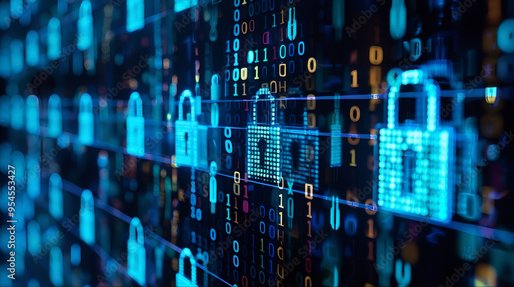 Obraz premium digital cybersecurity lock fusion with binary code technology background concept