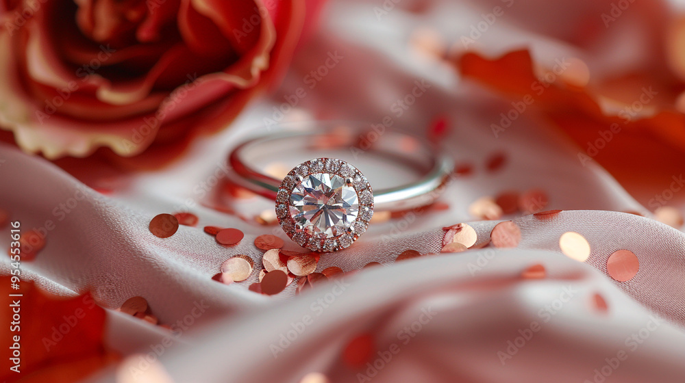 A flat lay of a sparkling halo engagement ring placed on a blush pink silk fabric, with delicate gold confetti and a single red rose petal nearby, creating a luxurious and romantic scene. A flat lay of a sparkling halo engagement ring placed on a blush pink silk fabric, with delicate gold confetti and a single red rose petal nearby, creating a luxurious and romantic scene.