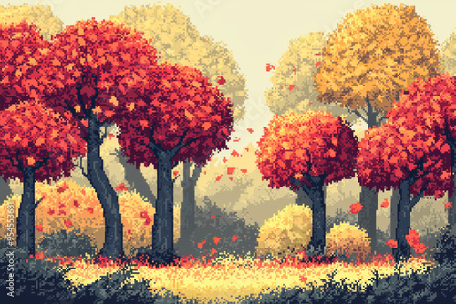 A serene autumn landscape with vibrant red and yellow trees, showcasing falling leaves in a peaceful setting.
