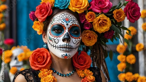 Female model with sugar skull makeup and bright floral flowers decorations