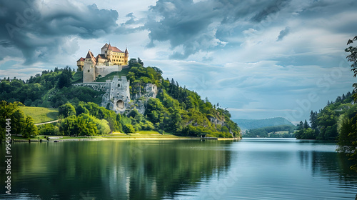 An imposing European castle perched on a hill, surrounded by lush greenery and overlooking a tranquil lake.