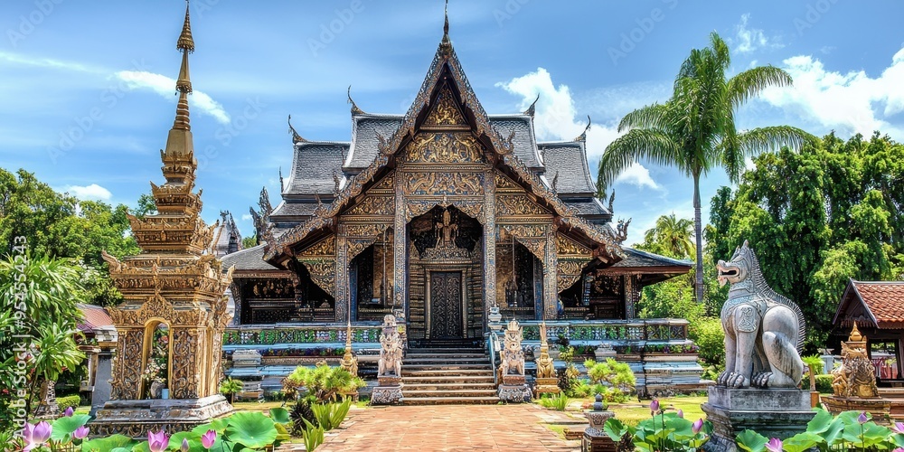 Obraz premium Traditional Thai Temple with Ornate Decorations and Gardens