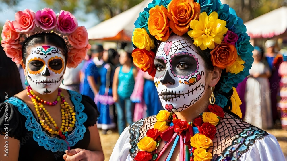 Vibrant day of the dead celebration with traditional costumes Vibrant day of the dead celebration with traditional costumes