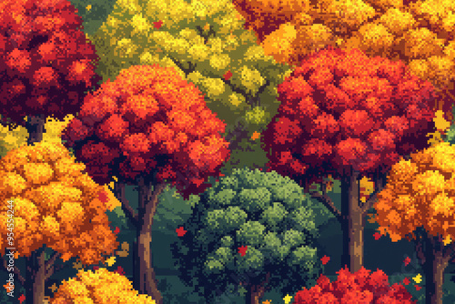 A vibrant pixel art depiction of autumn trees showcasing rich colors of red, orange, and yellow amidst a green backdrop.