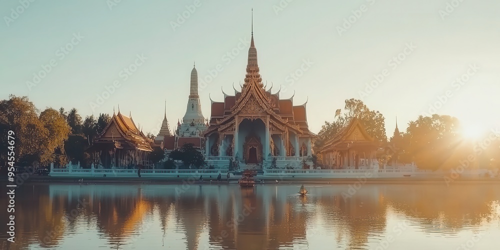 Obraz premium Golden Temple Reflection in Calm Water at Sunset