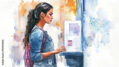 Watercolor painting of a woman using an ATM, wearing a backpack and denim jacket, colorful abstract background.