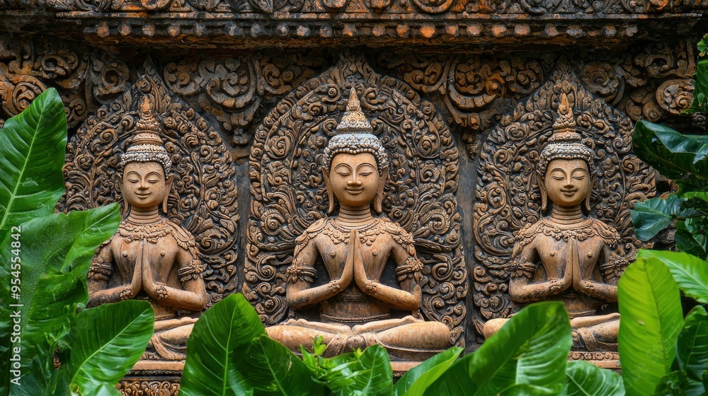 Three Stone Buddha Statues in a Garden Setting Three Stone Buddha Statues in a Garden Setting