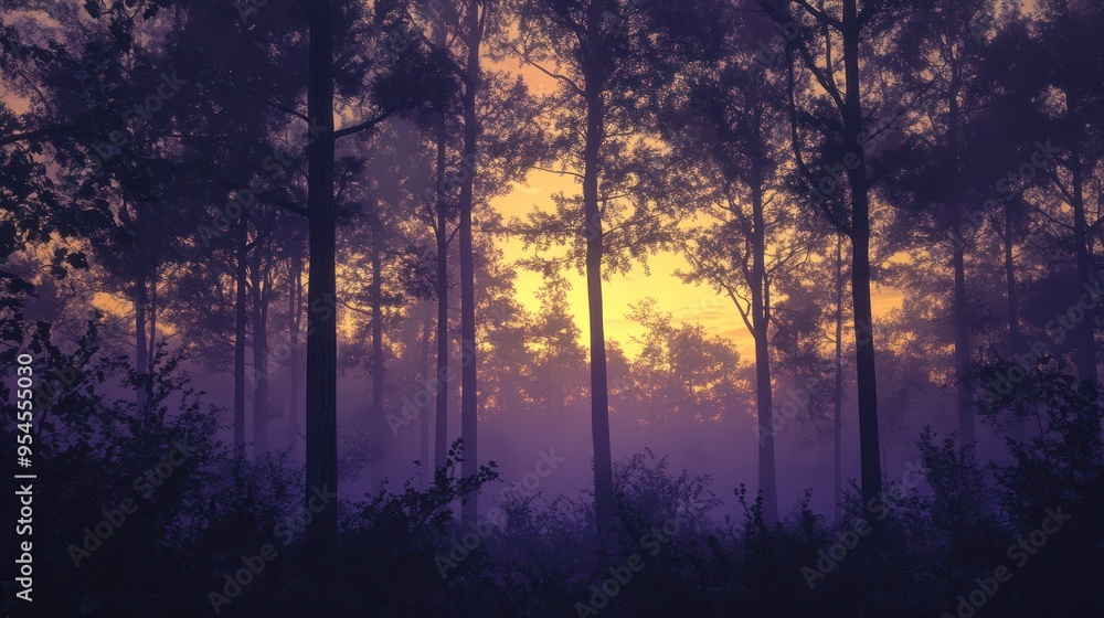 A forest at dawn with the sky transitioning from lavender to golden yellow Gemeratif AI A forest at dawn with the sky transitioning from lavender to golden yellow Gemeratif AI