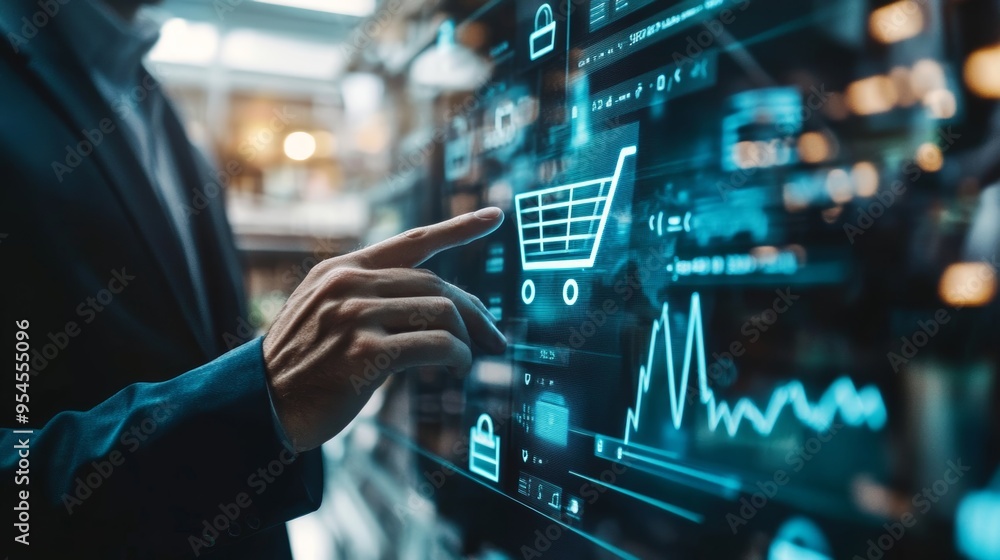 Navigating Online Sales: Businessman Touching Virtual Screen with Ecommerce Growth Graph Navigating Online Sales: Businessman Touching Virtual Screen with Ecommerce Growth Graph