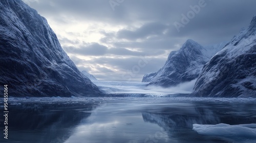 A frozen landscape with a glacier towering over a silent fjord Generstif AI