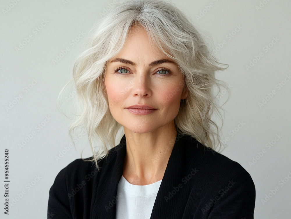 Confident mature woman with soft features and silver hair, embodying elegance and poise against a simple background. Confident mature woman with soft features and silver hair, embodying elegance and poise against a simple background.