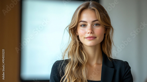 Confident young woman with long hair, wearing a black blazer, posing for a professional portrait in an elegant setting.