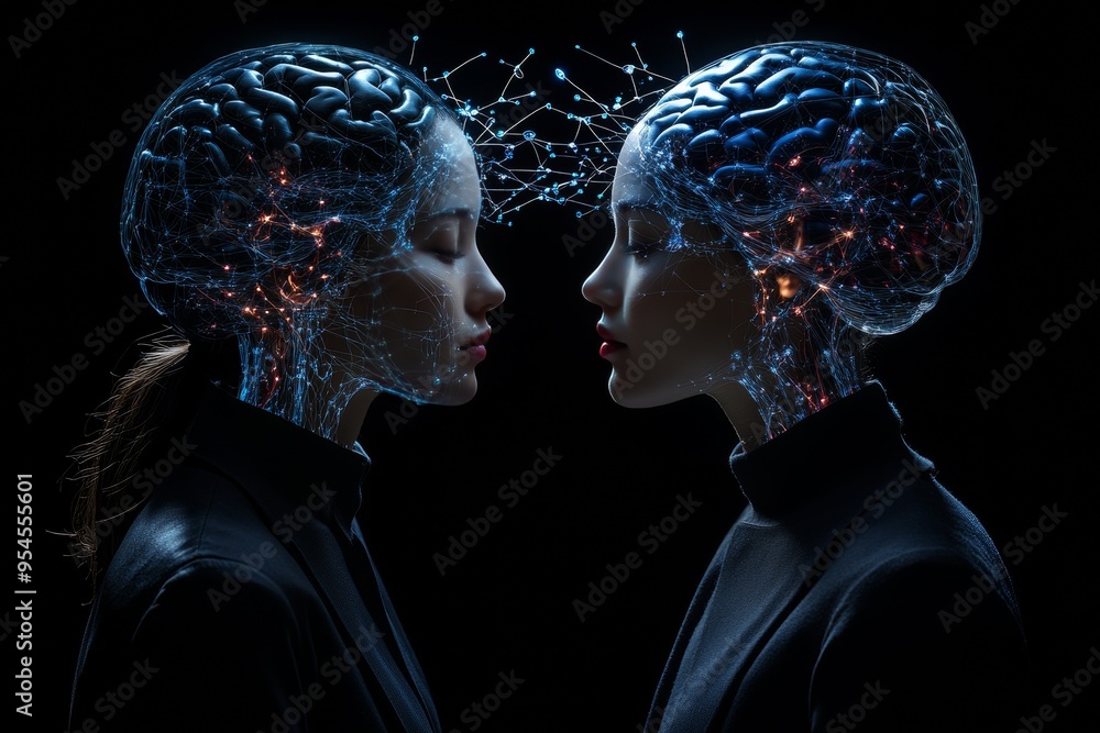 Memory enhancement Romance novel Two individuals facing each other with neural networks glowing in a dark futuristic environment symbolizing intellectual connection and advanced communication Memory enhancement Romance novel Two individuals facing each other with neural networks glowing in a dark futuristic environment symbolizing intellectual connection and advanced communication