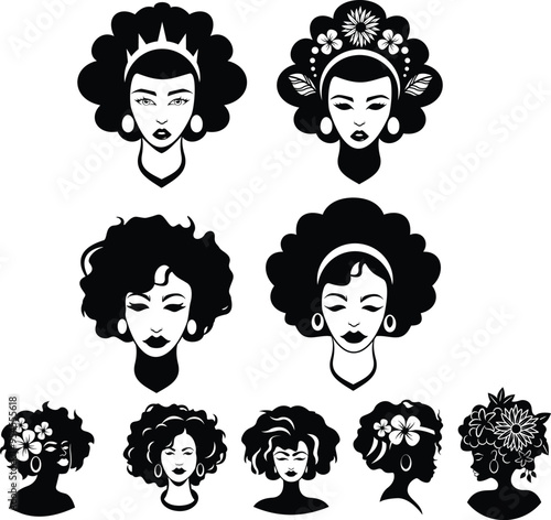 Afro Woman Bundle Illustration, Lady Cut File, Kinky Girl Stencil, Fashion Girl Vector, Headdress Clipart