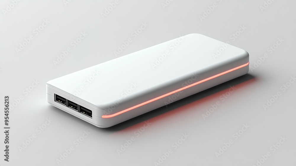 Minimalist portable power bank with dual USB outputs, featuring a sleek white design and an illuminated edge for easy handling. Minimalist portable power bank with dual USB outputs, featuring a sleek white design and an illuminated edge for easy handling.