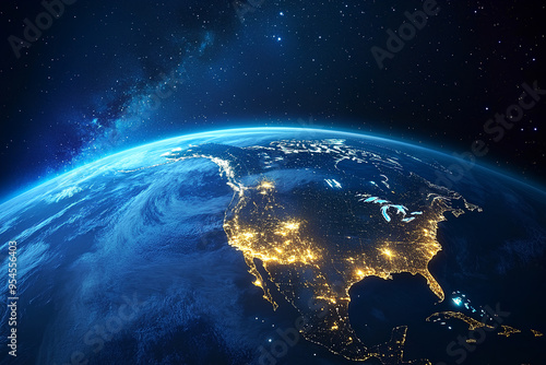 Fototapeta Naklejka Na Ścianę i Meble -  Planet Earth at night seen from space showing North America, South America, Europe, Africa