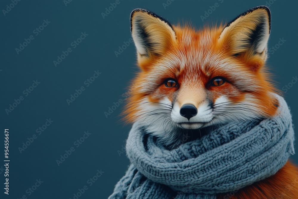 Obraz premium Winter Fox: A Sleek Fox Wearing a Winter Scarf on a Chilly Blue Evening