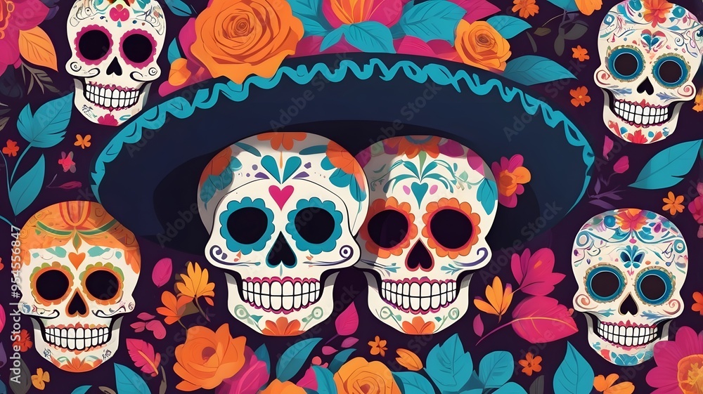 Festive mexican skull with floral arrangement for dia de los muertos Festive mexican skull with floral arrangement for dia de los muertos