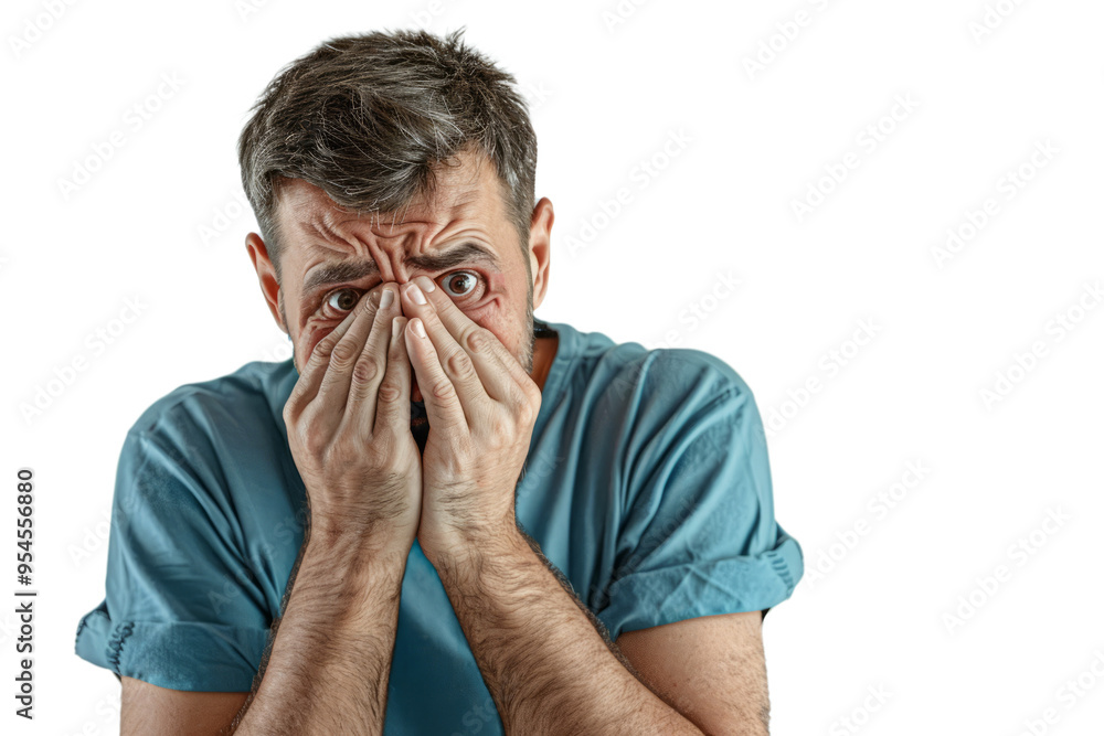 Portrait of a man biting his nails, showing nervous anxiety, on a white background.