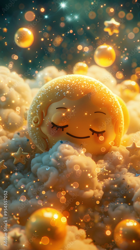 A cute, sleepy emoji with closed eyes and a relaxed smile, set against a soft, dreamy background with moons and stars. A cute, sleepy emoji with closed eyes and a relaxed smile, set against a soft, dreamy background with moons and stars.