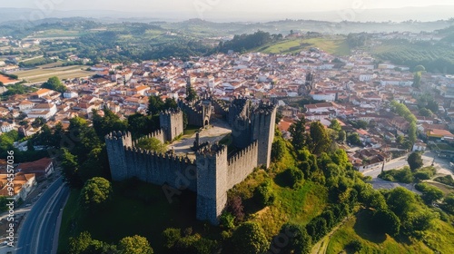 Aerial shot of the historic city of Guimar, with its medieval castle, narrow streets, and verdant surroundings