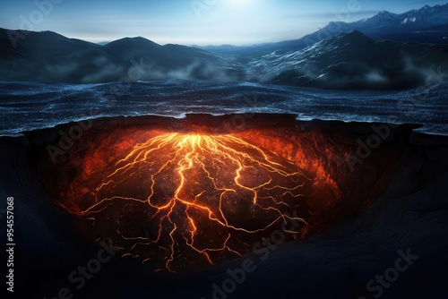 A cross-section of a volcano showing how geothermal energy is harnessed from magma chambers deep underground