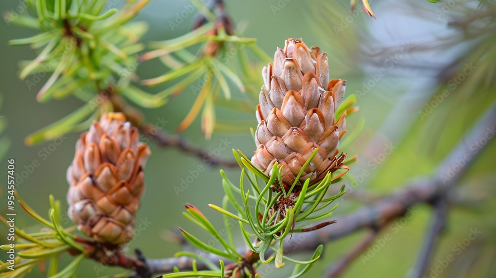 07231249 371. Macro shot of brown seed cones and young female developing cone on a larch tree, set against a natural background with selective focus on the intricate details 07231249 371. Macro shot of brown seed cones and young female developing cone on a larch tree, set against a natural background with selective focus on the intricate details