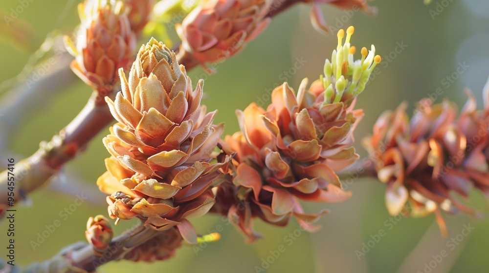 07231249 371. Macro shot of brown seed cones and young female developing cone on a larch tree, set against a natural background with selective focus on the intricate details 07231249 371. Macro shot of brown seed cones and young female developing cone on a larch tree, set against a natural background with selective focus on the intricate details