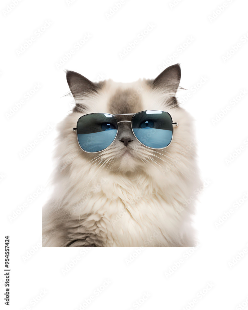 Obraz premium An orange cat in sunglasses with a serious face is suitable for pet-related designs, humor articles, and summer-themed content. Cute and quirky feline image