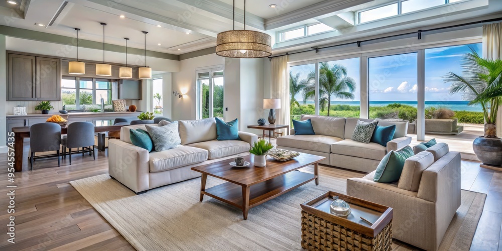 A fusion of beachy textures and modern minimalism defines this Sarasota living room, where plush furnishings and A fusion of beachy textures and modern minimalism defines this Sarasota living room, where plush furnishings and