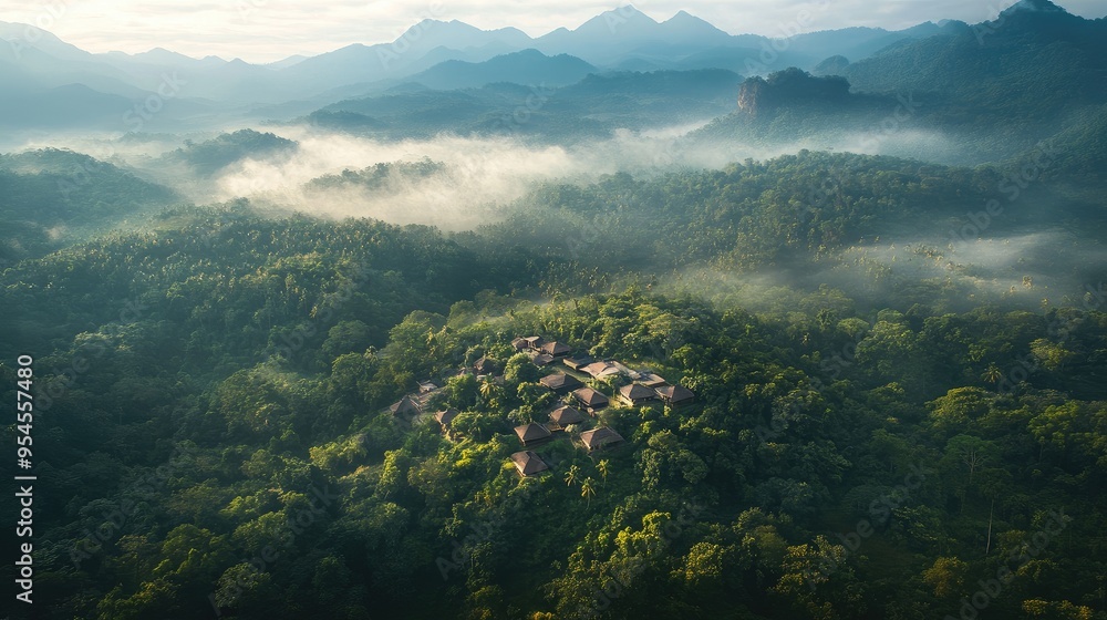 Aerial shot of the remote village of Meemure, nestled in the dense forests of the Knuckles Range, with misty peaks Aerial shot of the remote village of Meemure, nestled in the dense forests of the Knuckles Range, with misty peaks