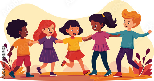Flat Vector Illustration  Of Diverse Group Kids Playing Together Joyful and Inclusive Scene Isolated On White Background, Created with Generative AI