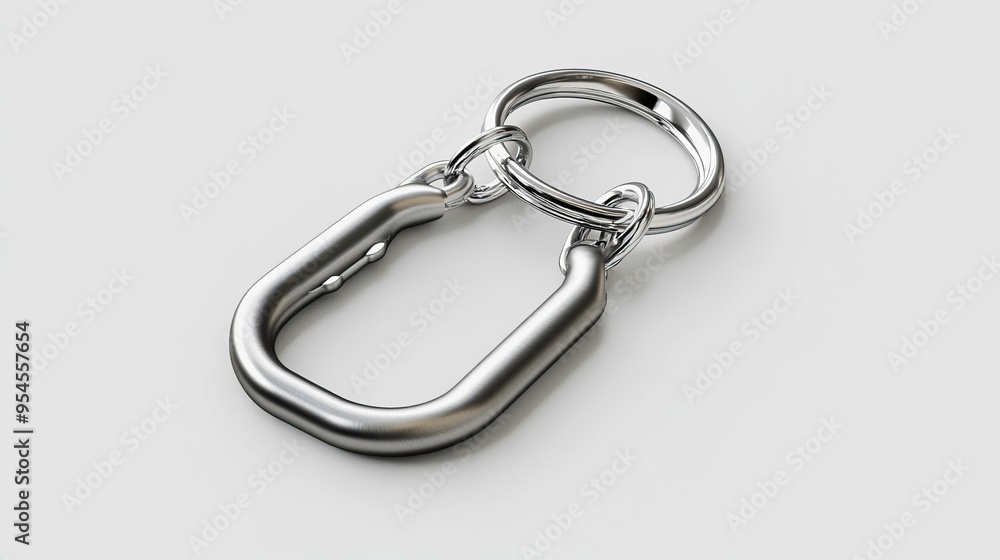 A metallic carabiner clip with a circular ring, used for securing items. A metallic carabiner clip with a circular ring, used for securing items.