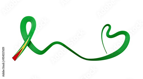 3d Flag Of Guyana, Heart Shaped Green Wavy Awareness Ribbon On White Background, 3d illustration 