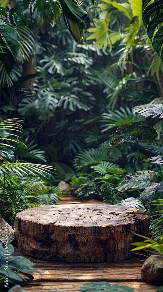 A DIY podium constructed from a tree stump and wooden planks, with a natural, earthy aesthetic, set in a serene, outdoor setting with lush greenery. A DIY podium constructed from a tree stump and wooden planks, with a natural, earthy aesthetic, set in a serene, outdoor setting with lush greenery.