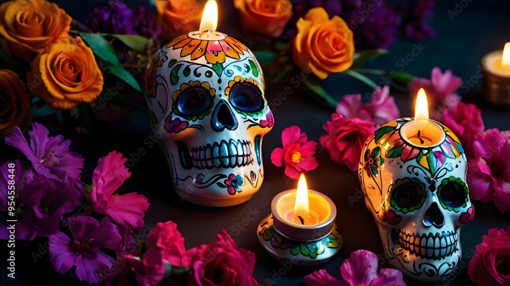 Vibrant dia de los muertos skull candles with flowers Vibrant dia de los muertos skull candles with flowers