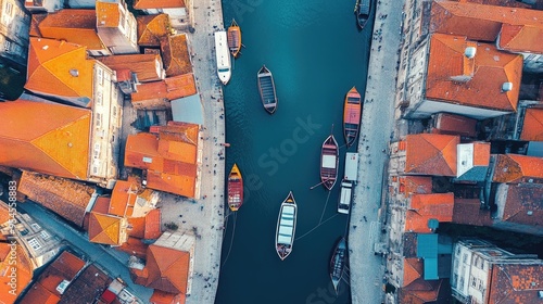 Aerial view of the colorful streets and scenic harbor of Cais da Ribeira in Porto, with boats along the Douro River