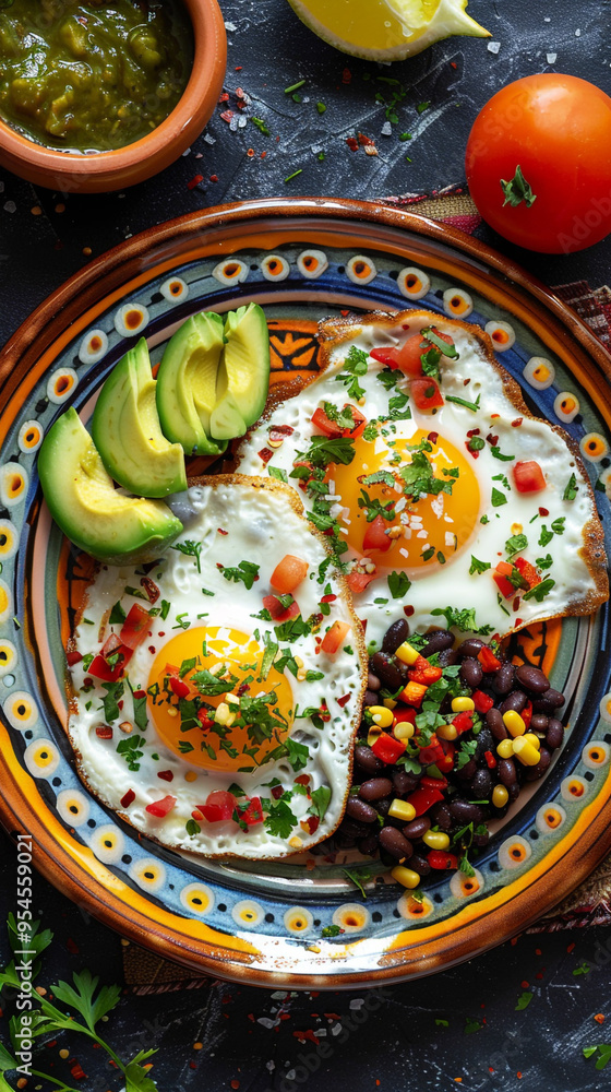 A flat lay of a vibrant brunch plate with huevos rancheros, avocado slices, and a side of black beans, all on a colorful ceramic plate. A flat lay of a vibrant brunch plate with huevos rancheros, avocado slices, and a side of black beans, all on a colorful ceramic plate.