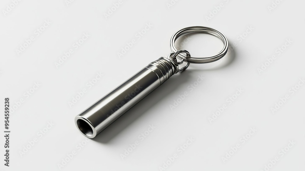 A metallic keychain whistle designed for signaling or attracting attention. A metallic keychain whistle designed for signaling or attracting attention.