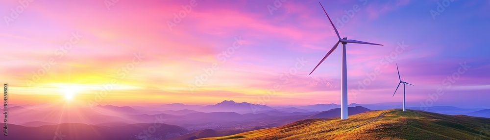 Obraz premium Serene Dusk with Wind Turbines on Hill, Green Energy Concept with Copy Space for Text