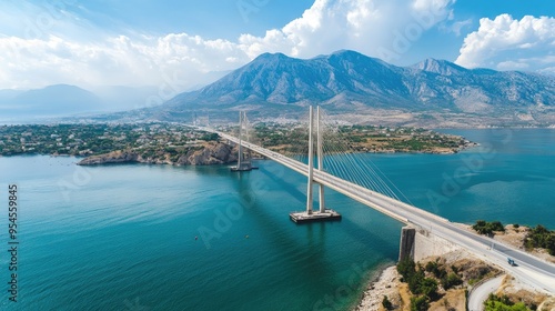 Aerial view of the Patras bridge spanning the Gulf of Corinth, with stunning mountainous surroundings photo