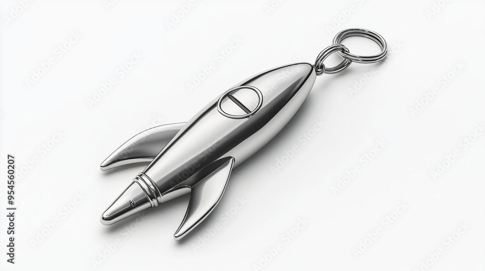 A metallic rocket-shaped keychain with a keyring attachment. A metallic rocket-shaped keychain with a keyring attachment.