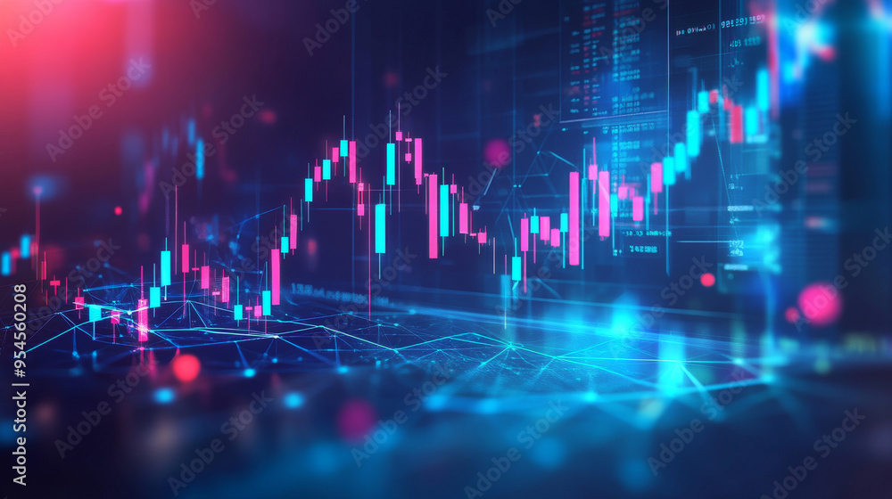 Trade investment concept featuring a digital graph chart on a laptop screen, with a stock market candlestick in a polygonal wireframe style. The web banner includes an abstract 3D vector illustration Trade investment concept featuring a digital graph chart on a laptop screen, with a stock market candlestick in a polygonal wireframe style. The web banner includes an abstract 3D vector illustration