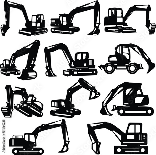 Excavator Bundle Illustration, Construction Vehicle Cut File, Heavy Equipment Stencil, Digger Vector, Engineer Truck Clipart