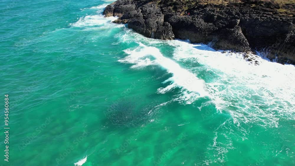 School Of Mullet Fish With Splashing Waves Near Fingal Head In Northern Rivers, New South Wales, Australia. Aerial Shot School Of Mullet Fish With Splashing Waves Near Fingal Head In Northern Rivers, New South Wales, Australia. Aerial Shot
