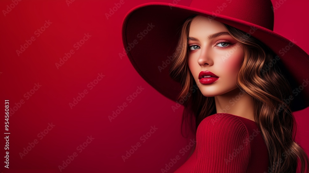 A portrait of a woman with a red hat and vibrant makeup against a striking red background A portrait of a woman with a red hat and vibrant makeup against a striking red background