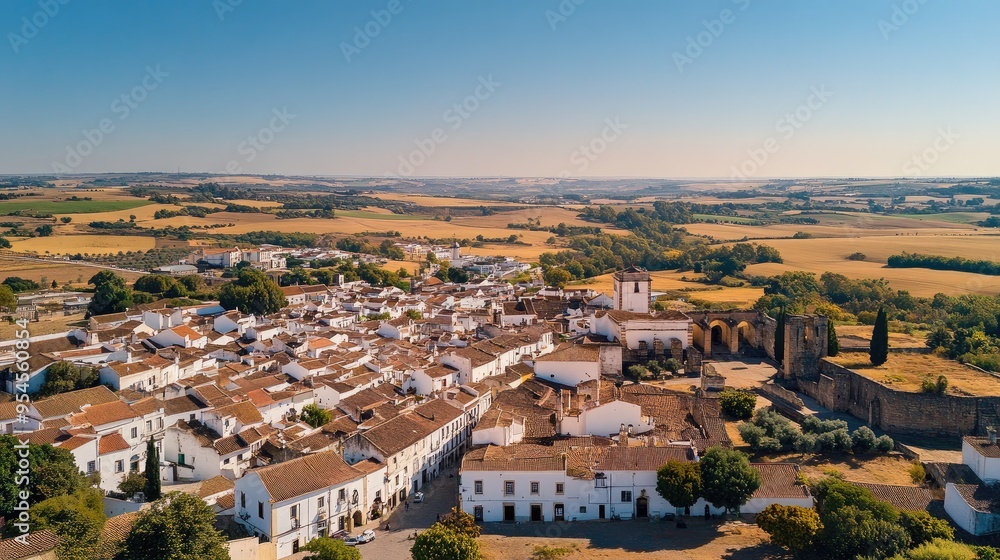 Aerial view of the vast plains and whitewashed buildings of , with its ancient Roman temple and aqueduct Aerial view of the vast plains and whitewashed buildings of , with its ancient Roman temple and aqueduct